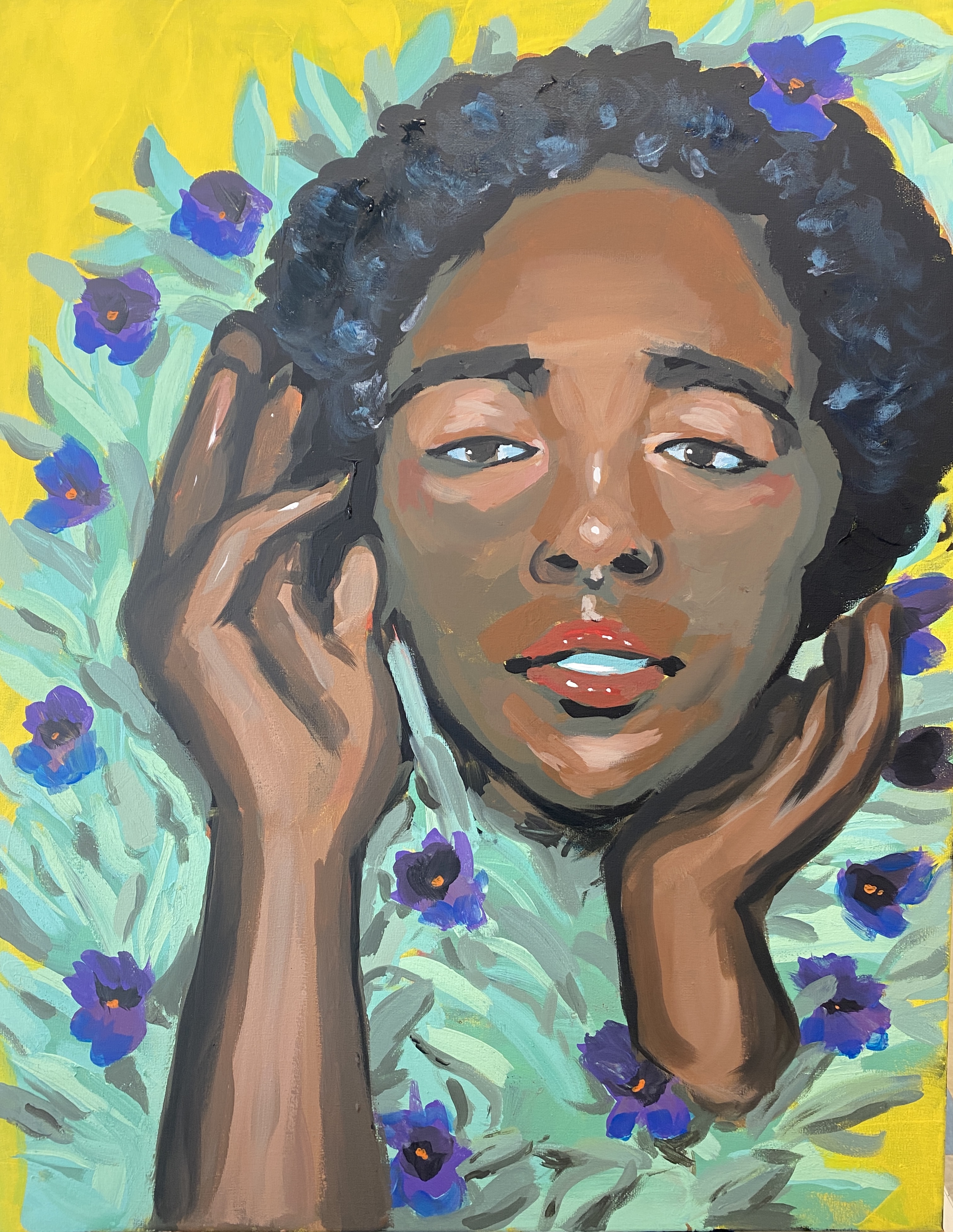 A painting of a face of an African American woman, with her hands by her face, on a background of violets