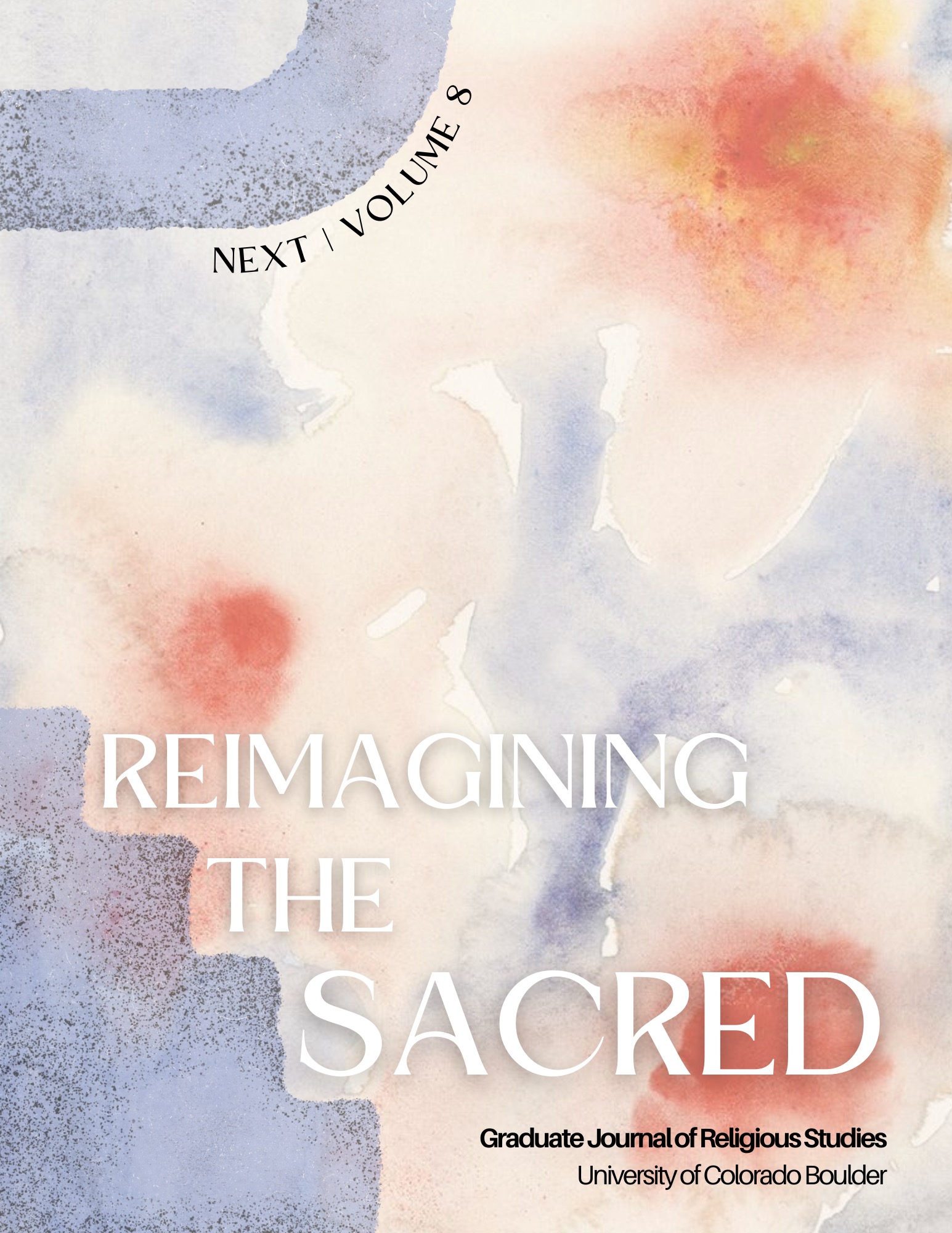 Pink and purple cover of Volume 8, text saying Reimagining the Sacred, Graduate Journal of Religious Studies, University of Colorado Boulder
